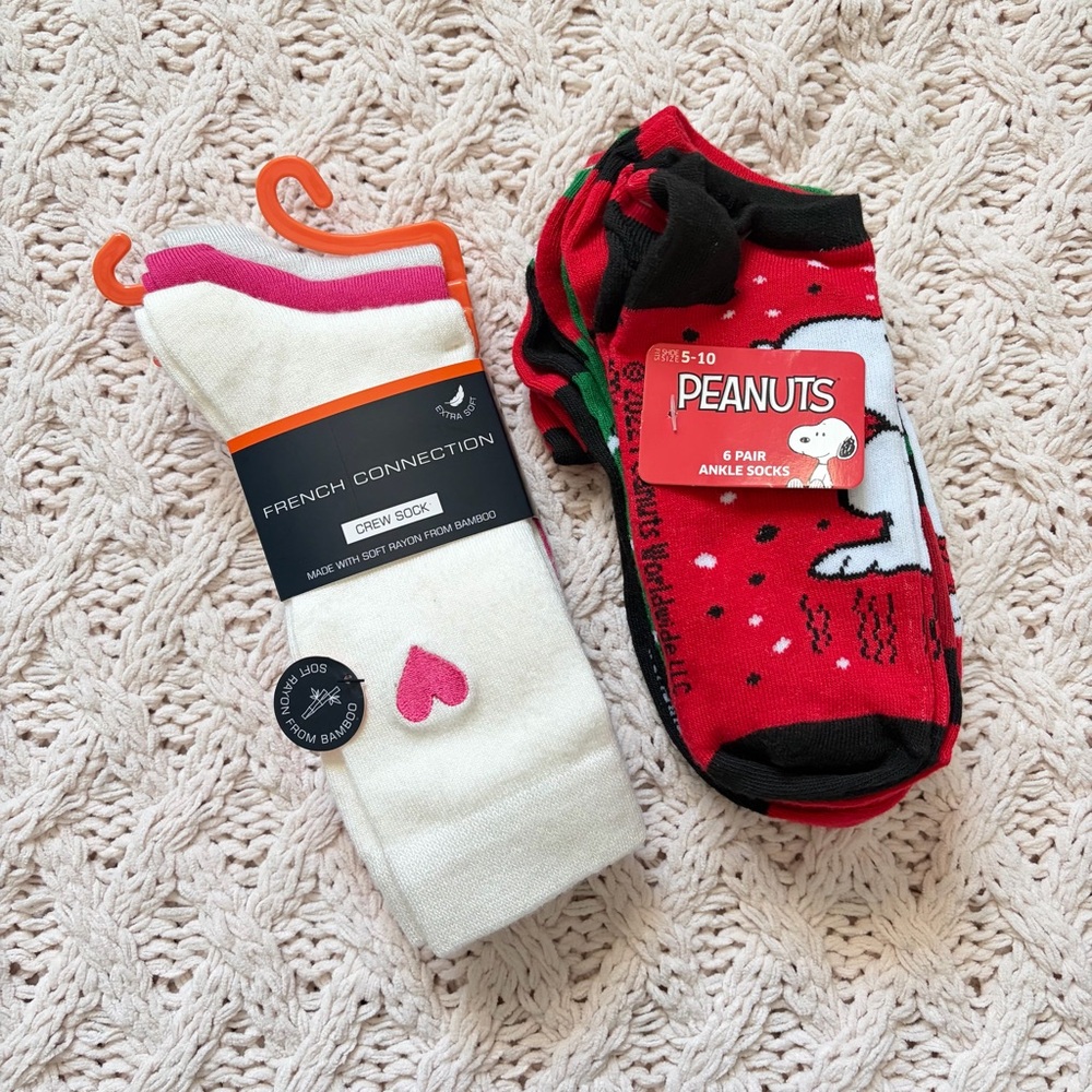 Set of 2 NWT Women’s Sock Sets  - French Connection & Peanuts/Snoopy Socks